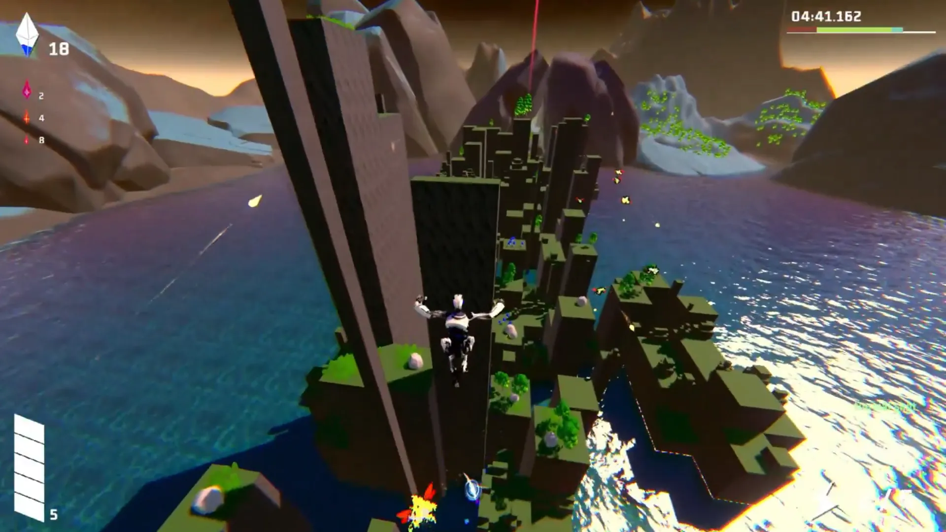 ランダムフィールドでパルクールアクションを実行するロボット。複雑な地形を飛び回る様子