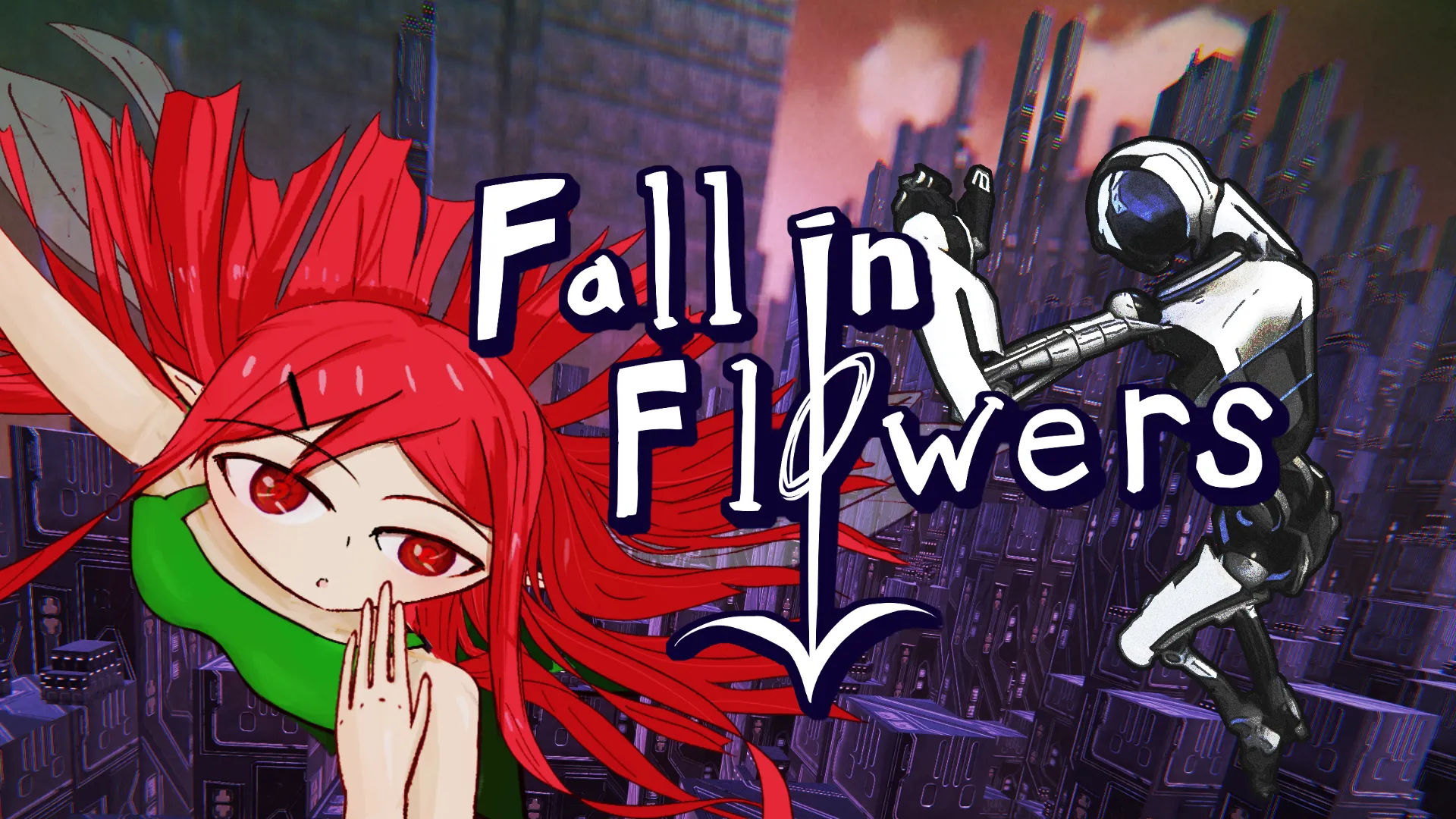 Fall in Flowers - 花に堕ちる
            メインビジュアル。ディストピア世界でパルクールアクションを繰り広げるロボットの姿
